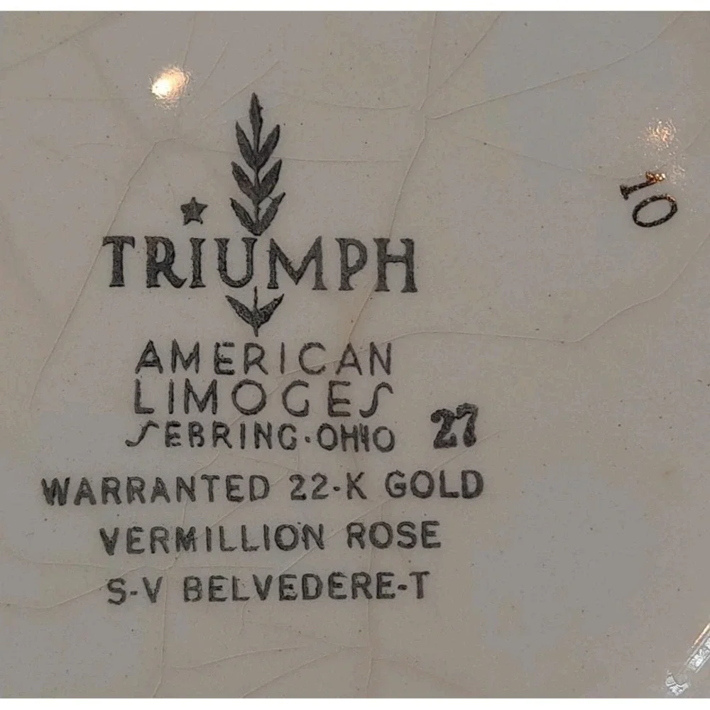 Vintage Triumph American Limoges China Vermillion‎ Rose 22K Gold Mixing Bowl